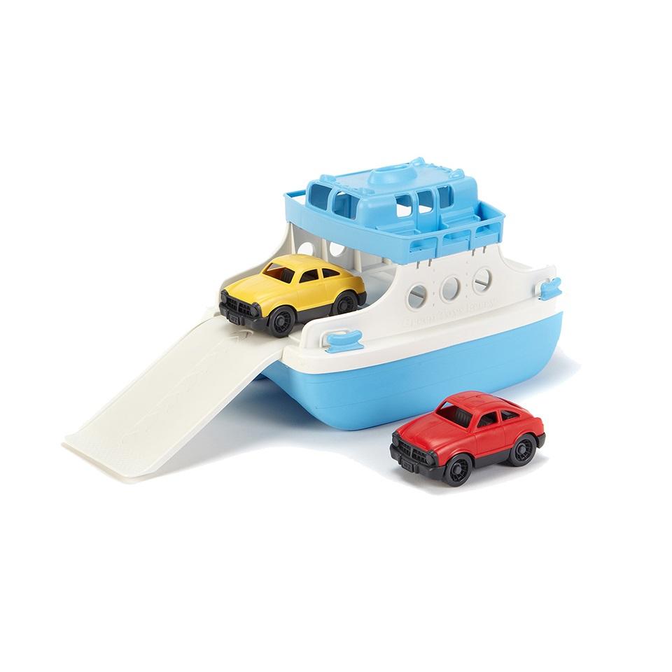 the blue top ferry boat and two cars on a white background