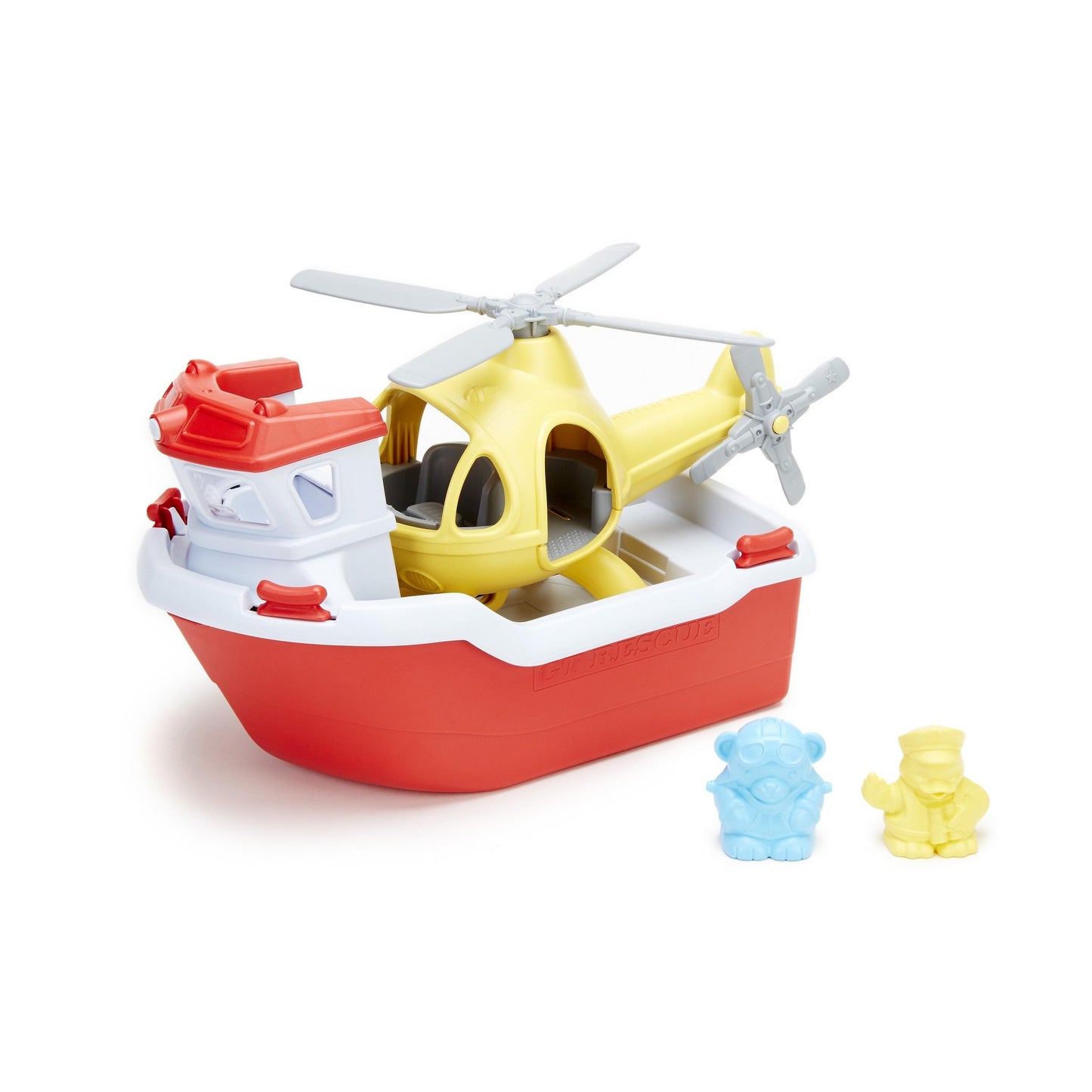 the rescue boat and helicopter with two characters on a white background