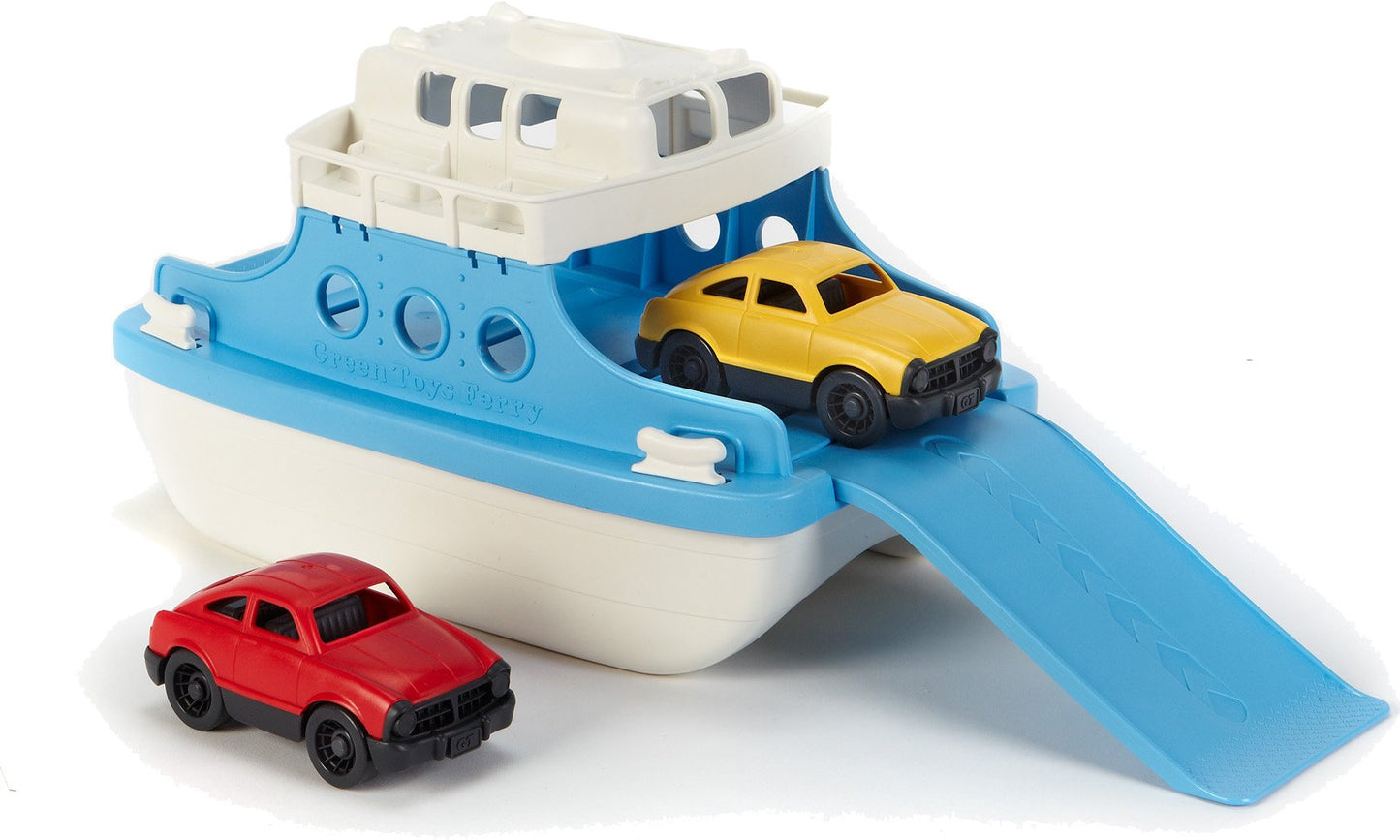 the white top ferry boat and two cars on a white background