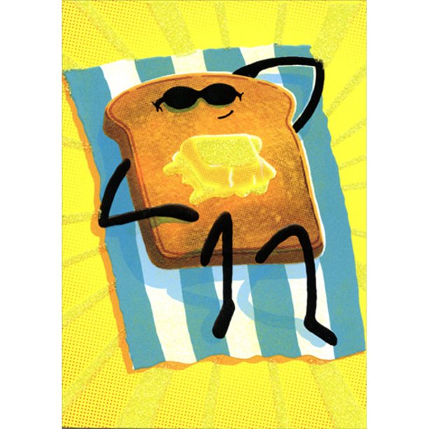 front of card is a piece of toast with arms, legs, and a face sunning itself on a towel on the beach