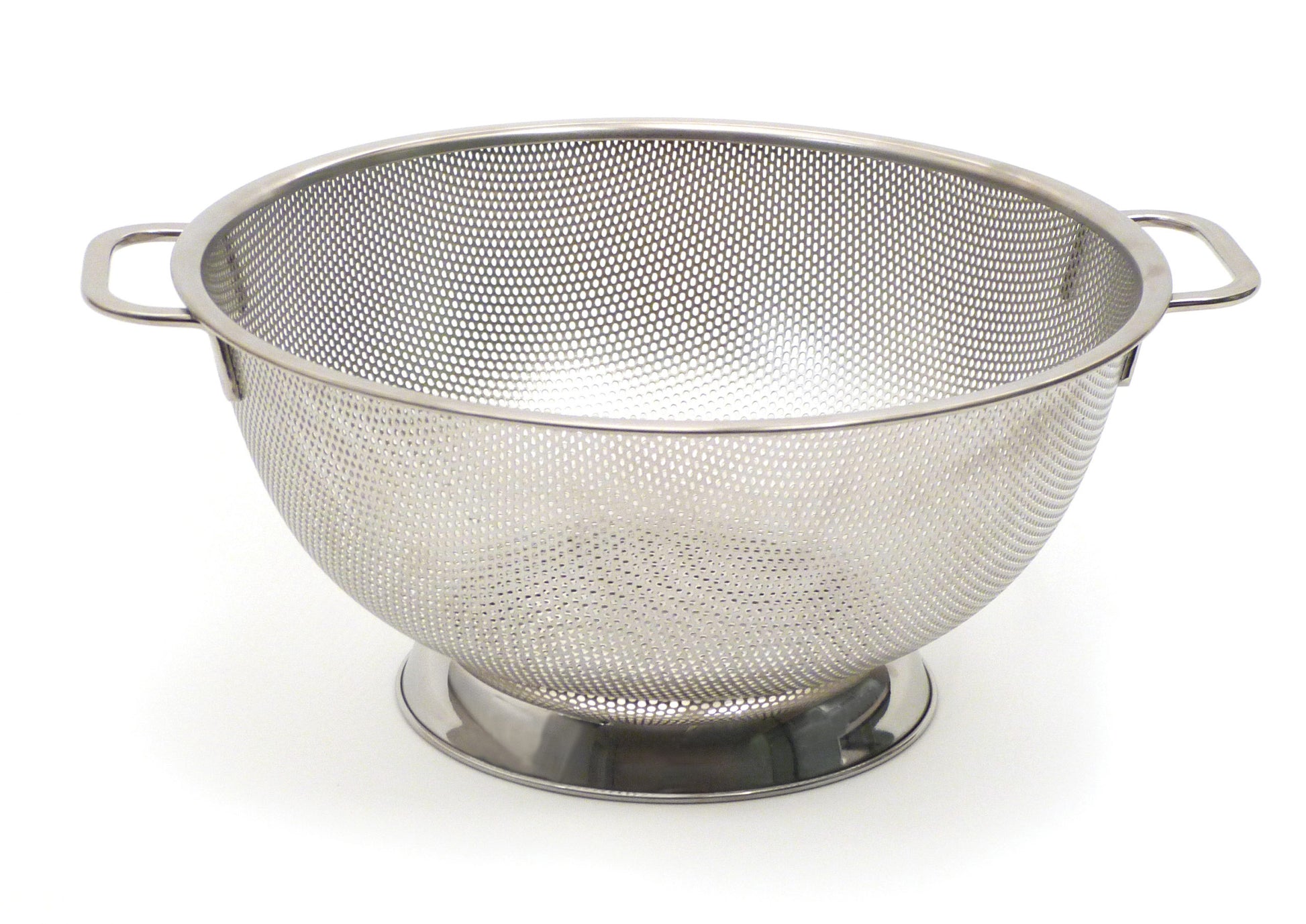 stainless steel colander on white background.