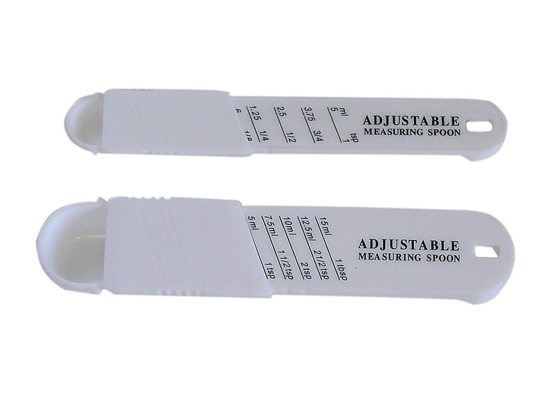 2 white plastic measuring spoons that slide to adjust measurments.