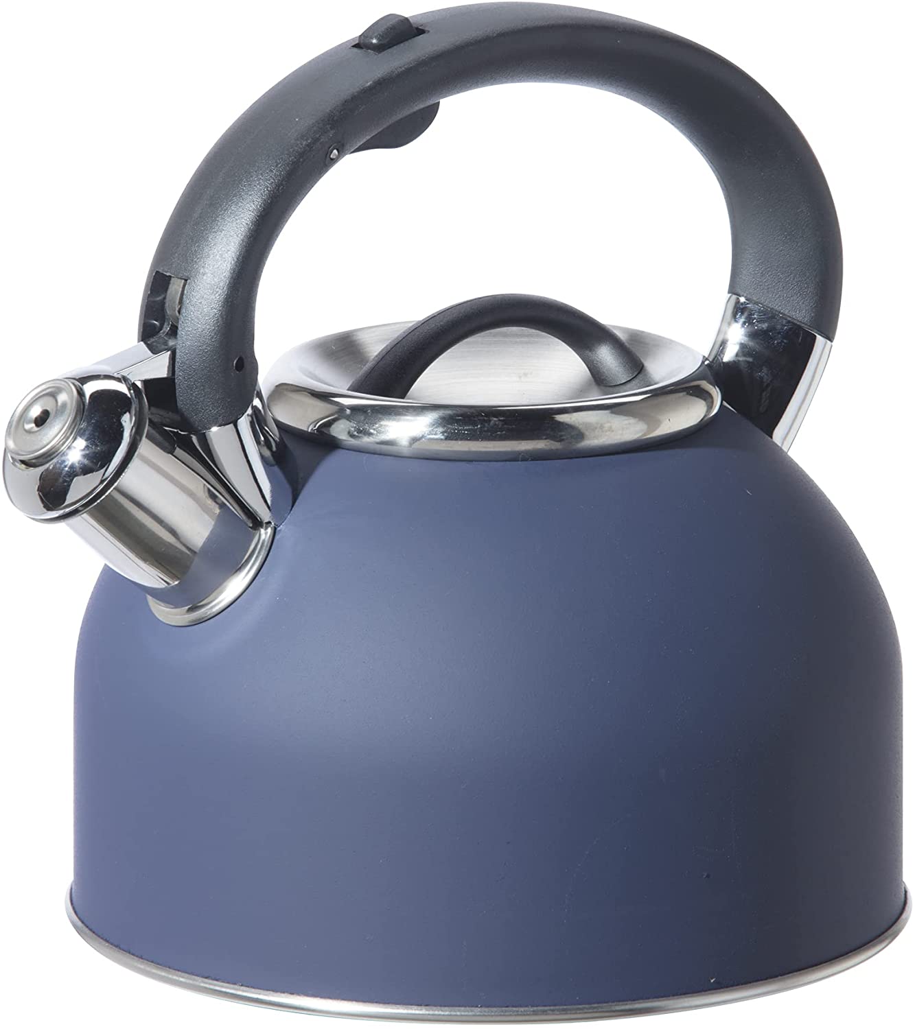 blue kettle with stainless steel spout and black handle.