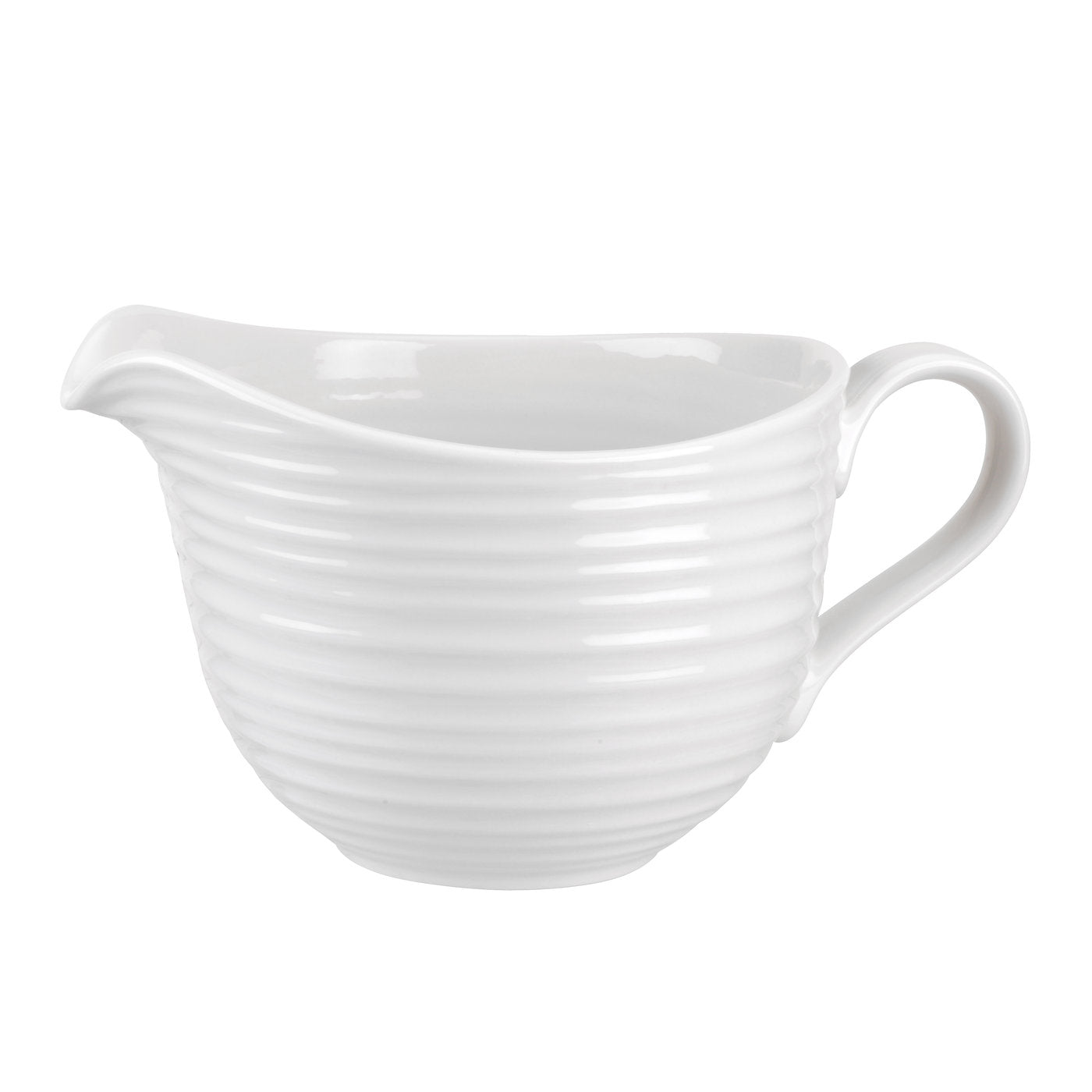 white batter bowl with pour spout and handle.