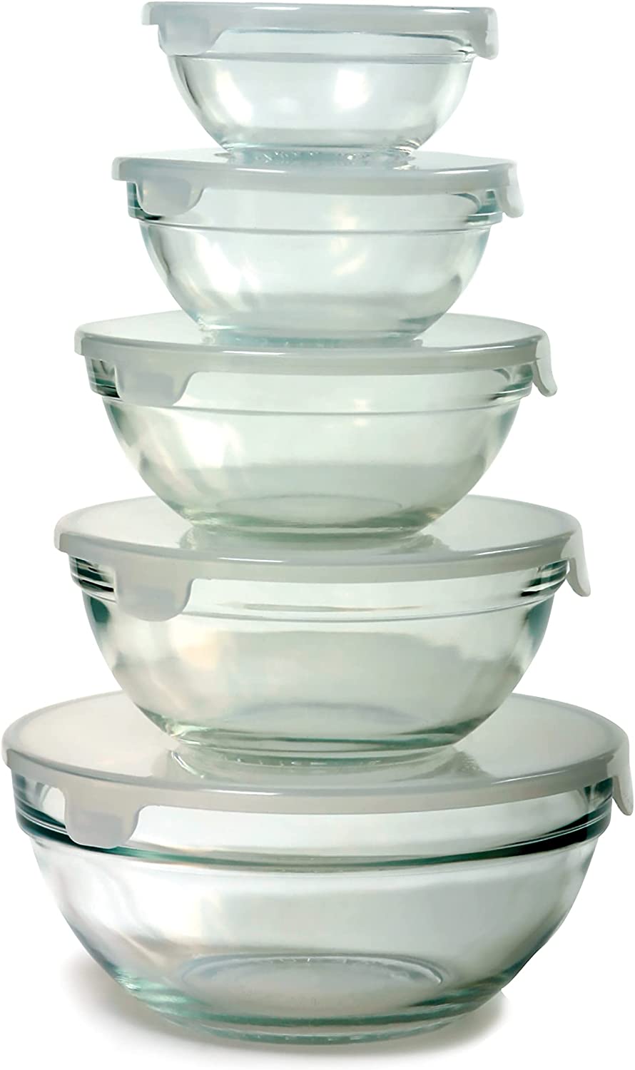 5 empty bowls with lids stacked on each other.