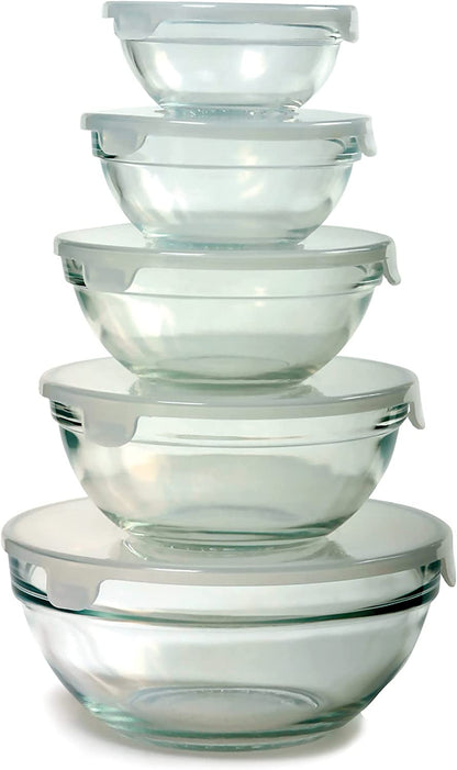 Clear Glass Prep Bowl Set with Lids. Set of 4 Bowls/3Lids.