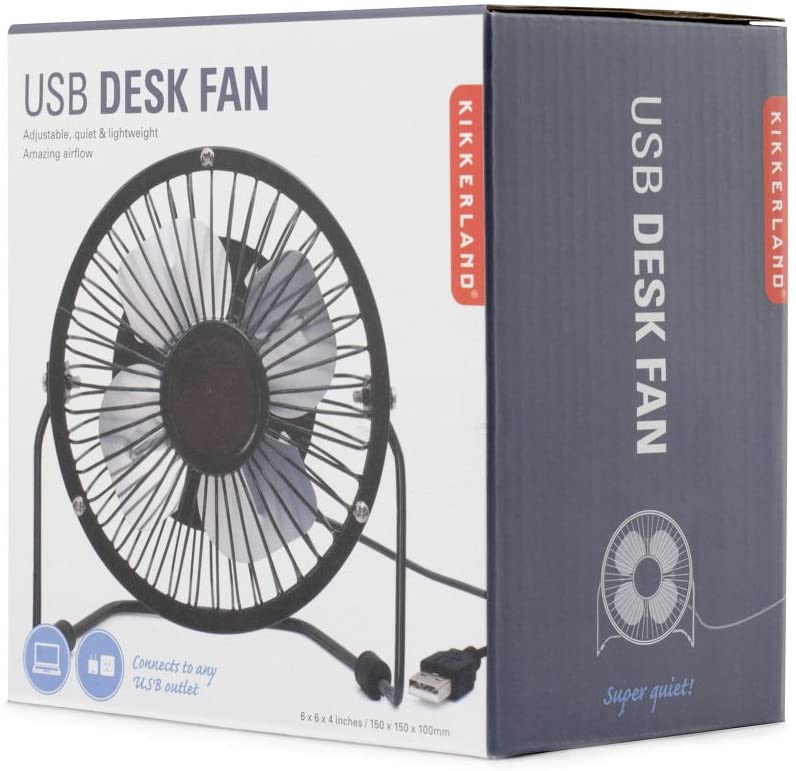 black usb metal desk fan box on a white background