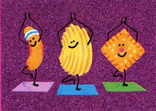 front of card is purple glitter with a cheeto, chip, and cheeze it working out on yoga mats