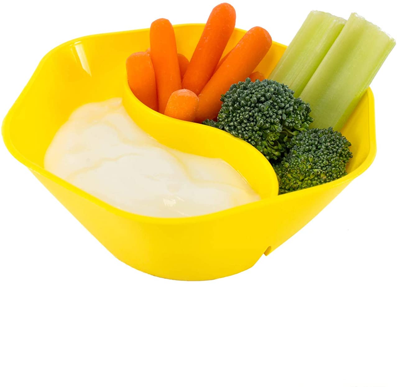 yellow fiesta double dipping bowl displayed with vegetables and dip on a white background