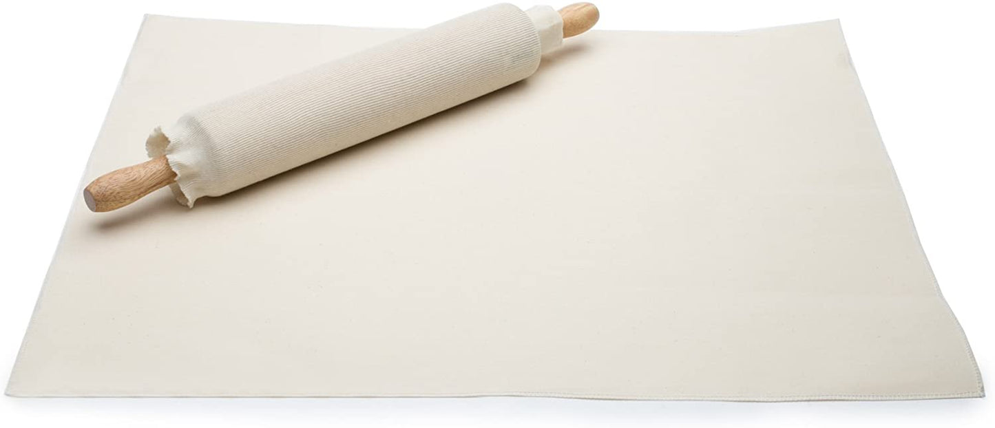 the pastry cloth displayed with a rolling pin and the cover on a white background