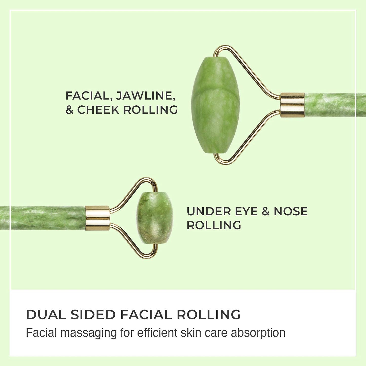 illustration of the jade rollers wide end for facial, jawline, and cheek. the narrow end for under eye and nose