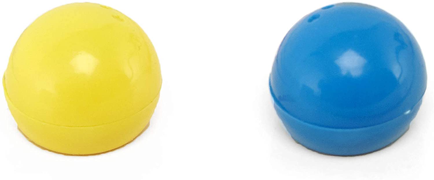 yellow and blue tabletop bowling balls on a white background