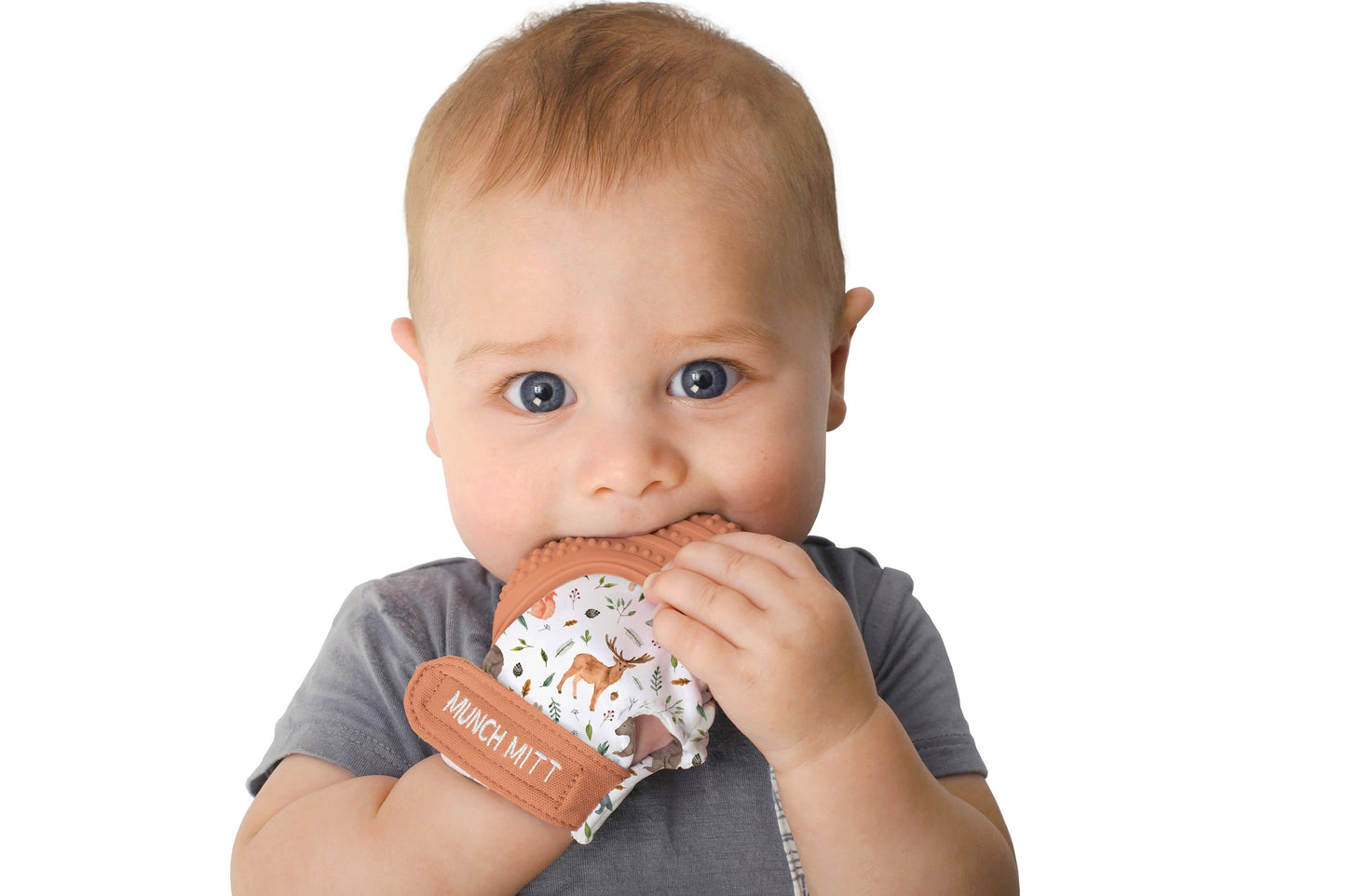 a baby boy with the woodland animals munch mitt on one hand and chewing on it against a white background