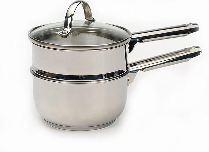 close-up of Double Boiler with lid on it on white background.