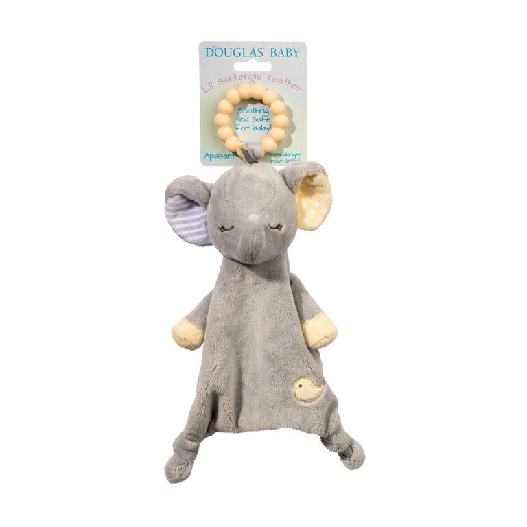 joey gray elephant teether with tan silicone ring displayed on a white background