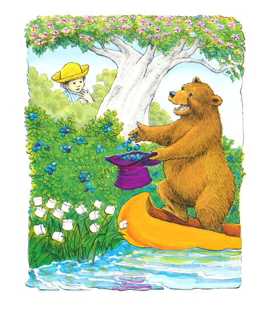 another page with illustration of a bear and boy picking blueberries