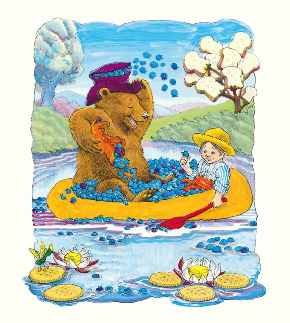a page with illustration of a bear and boy in a boat on a pond