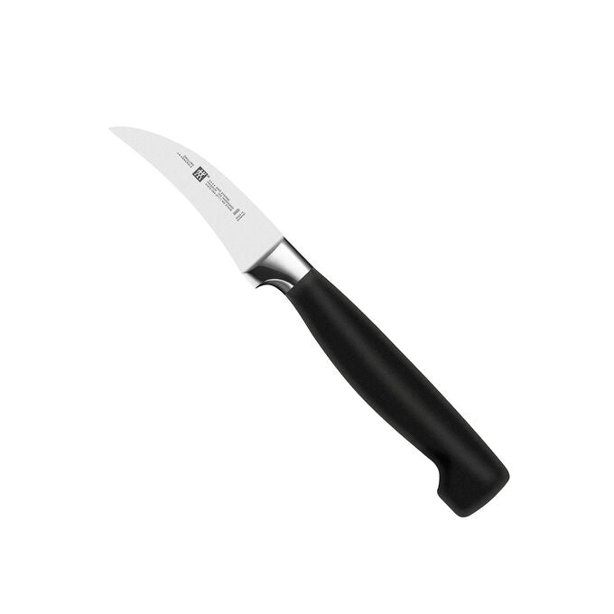 small blade peeling knife with black handle on white background