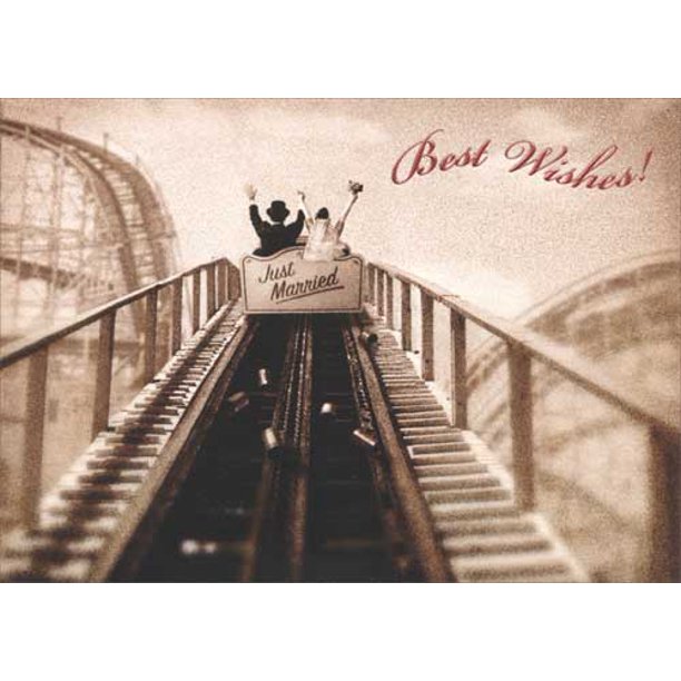 front of card is a photograph of a rollercoaster with back of train car with newlyweds and just married on the back of train car and front text in red
