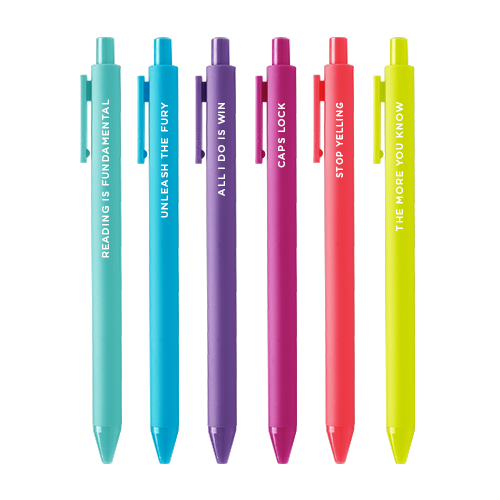 set of 6 colorful pens on a white background.
