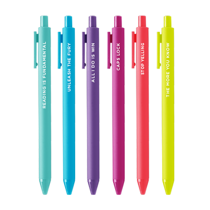 set of 6 colorful pens on a white background.