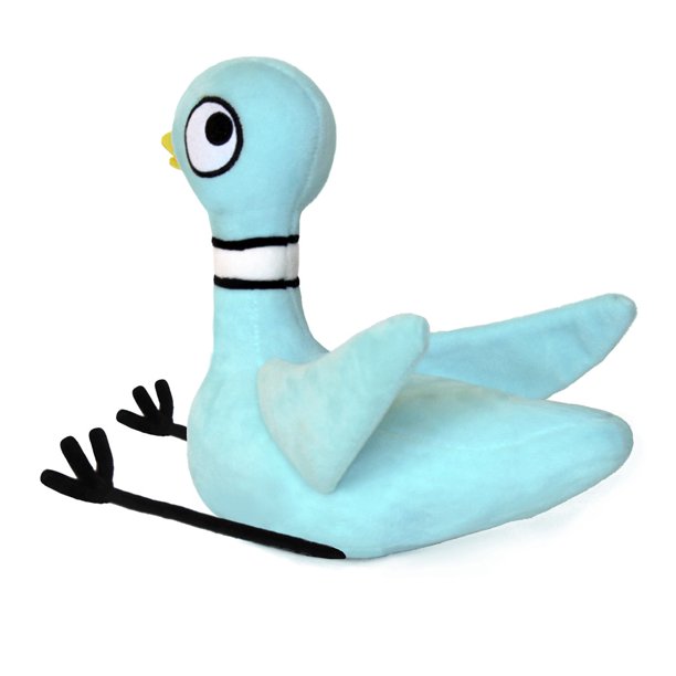 side view of plush pigeon doll on white background.
