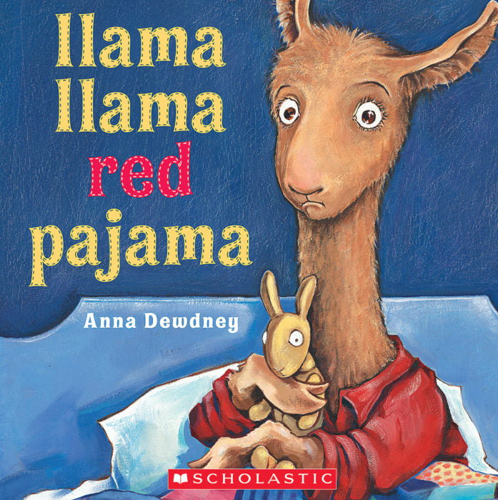 front cover of book has illustration of llama holding a stuffed llama while in bed, title, and authors name