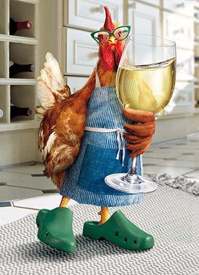 front of card has a chicken in a blue apron and green crocks holding a large glass of wine white standing in a kitchen