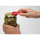 a person illustrating how to open a jar of olives with the jar key on a white background