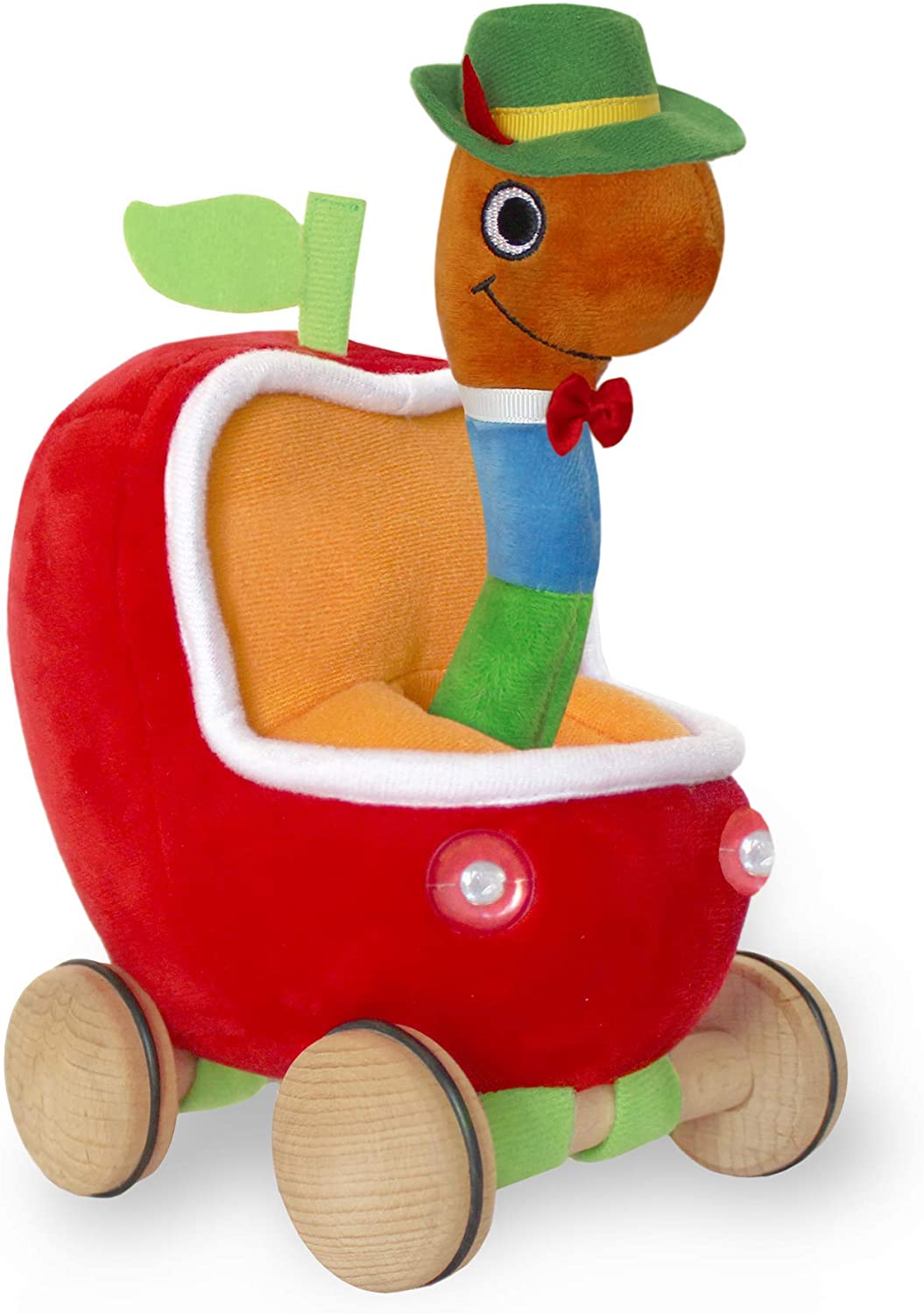 plush worm doll riding in plush apple car on white background.