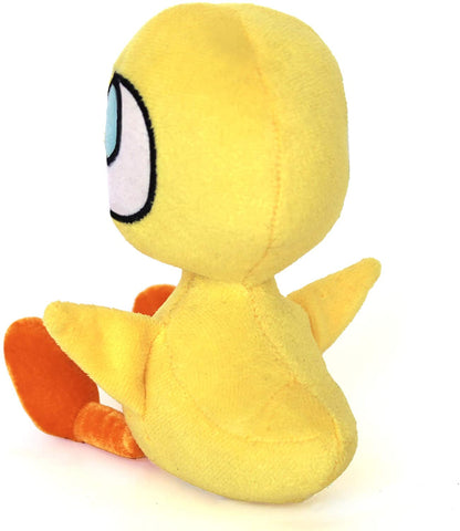 back view of plush duck doll on white background.