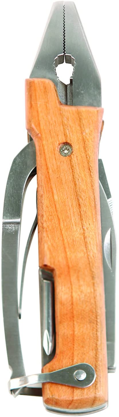 wood plier multi tool on displayed closed on a white background