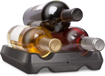 wine bottle stacker shown with three wine bottles on a white background 