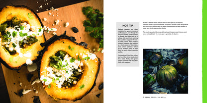 last two pages has a picture of cooked squash on a wooden board and text surrounding another picture of acorn squash cooking on charcoal