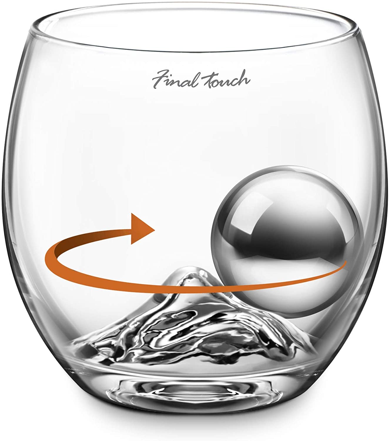 the on the rock glass illustrating the ball rolling around the cup 