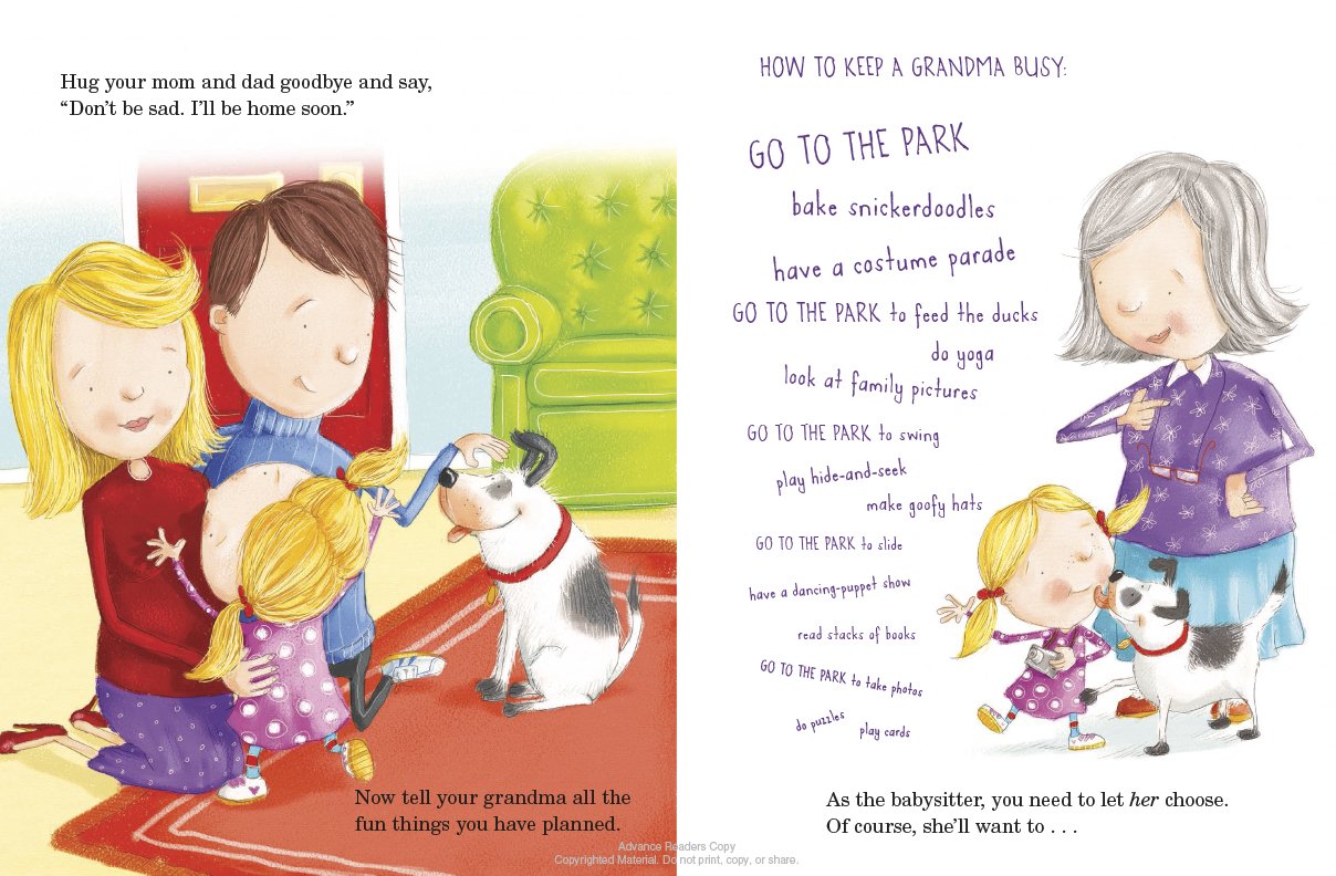 another set of pages with a little girl hugging her parents, and the other page with graphics of the little girl being licked by grandma's dog, and text