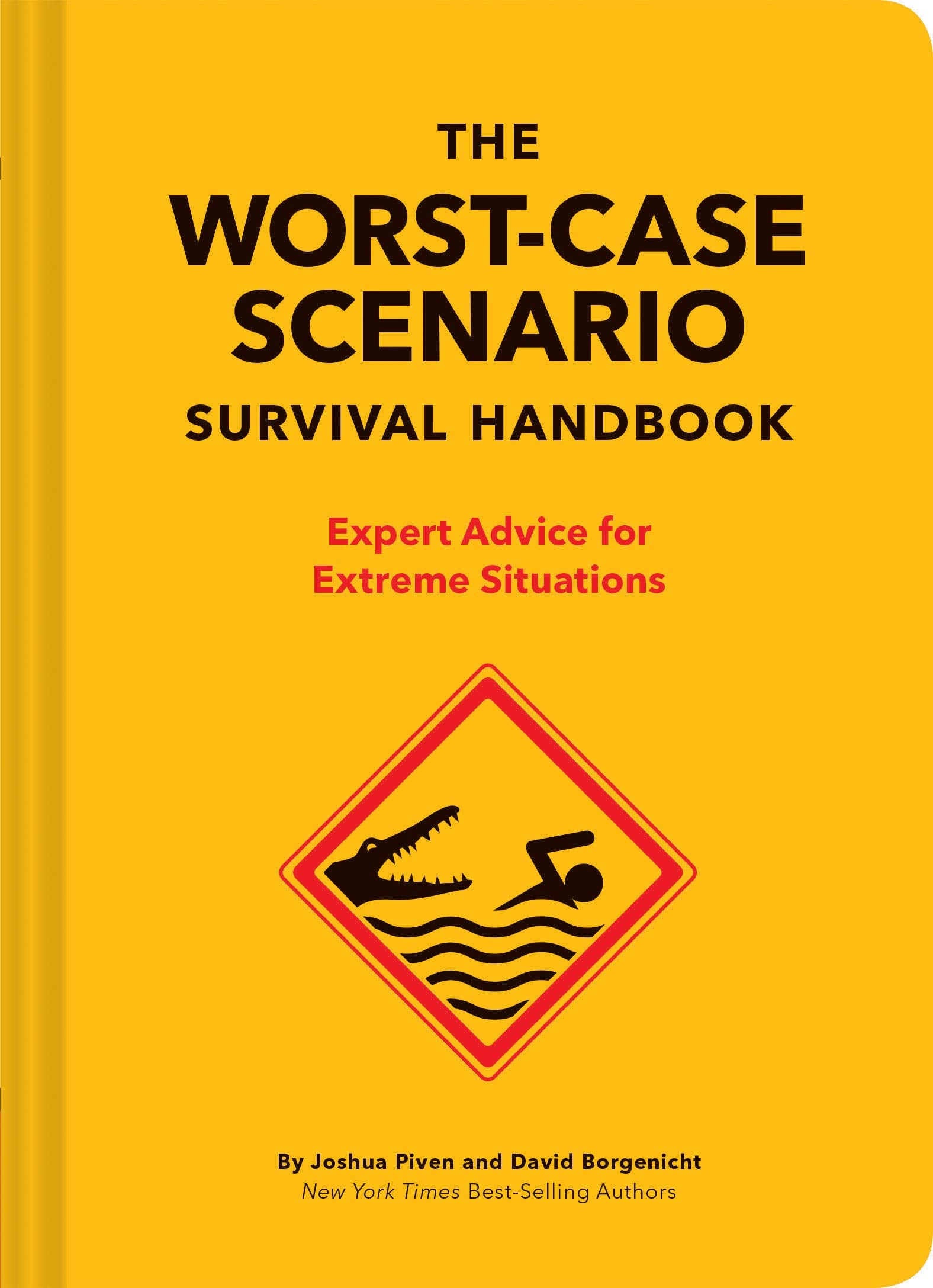 yellow book cover with graphic of warning sign with crocodile and person swimming, title, and authors name