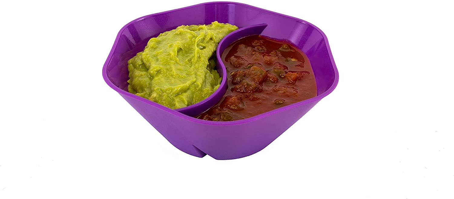 purple fiesta double dipping bowl displayed with guacamole and salsa on a white background