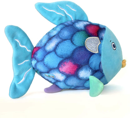 side view of plush fish doll on white background.