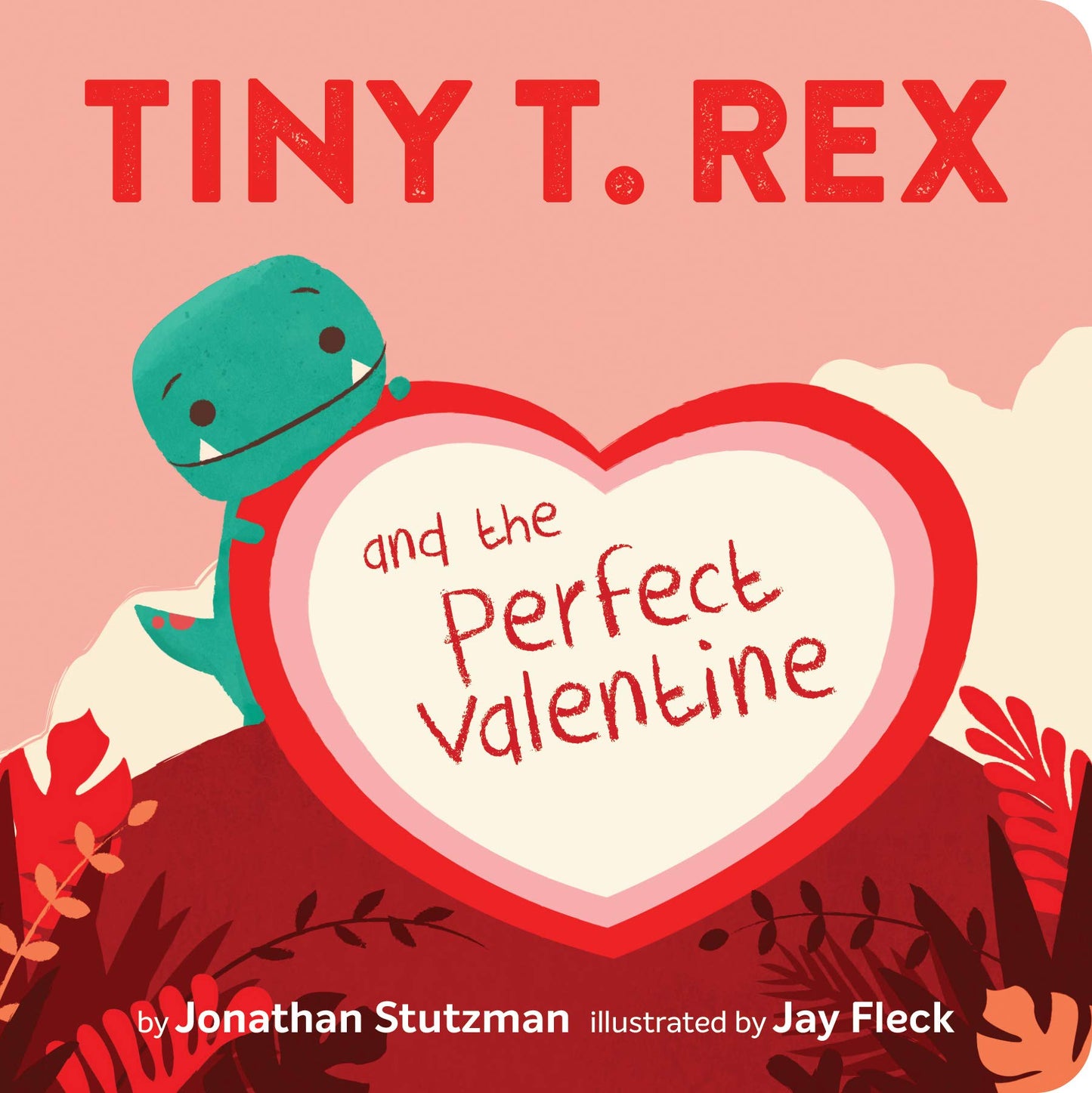 front cover of book is light pink with a teal t rex, title in red, author's name, and illustrator's name