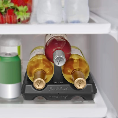 wine bottle stacker displayed in a fridge with three wine bottles on it