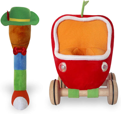 front view of plush worm doll next to a plush apple car on white background.
