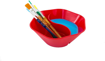 red fiesta double dipping bowl displayed with paint brushes and blue paint on a white background