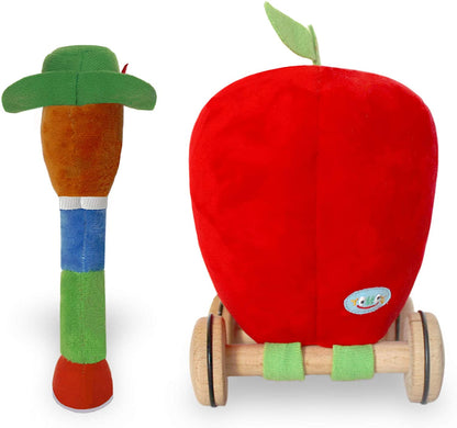 back view of plush worm doll next to a plush apple car on white background.