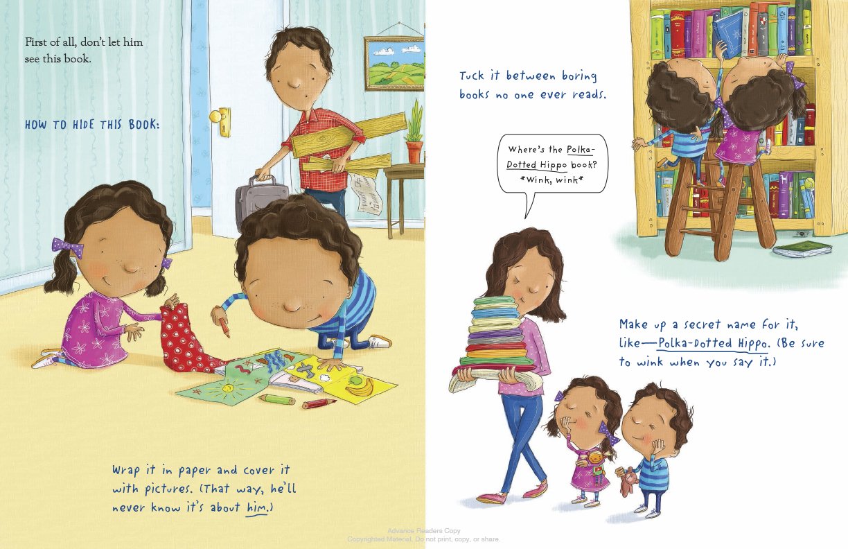 two more pages with drawing of kids laying on the floor drawing, kids looking at books on a bookshelf, and the mom walking next to the kids, and text