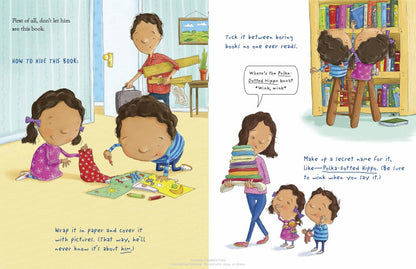 two more pages with drawing of kids laying on the floor drawing, kids looking at books on a bookshelf, and the mom walking next to the kids, and text