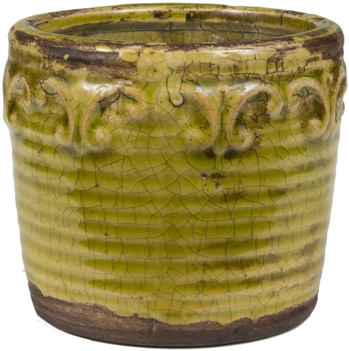 short round candle in olive green canister with distressed finish.