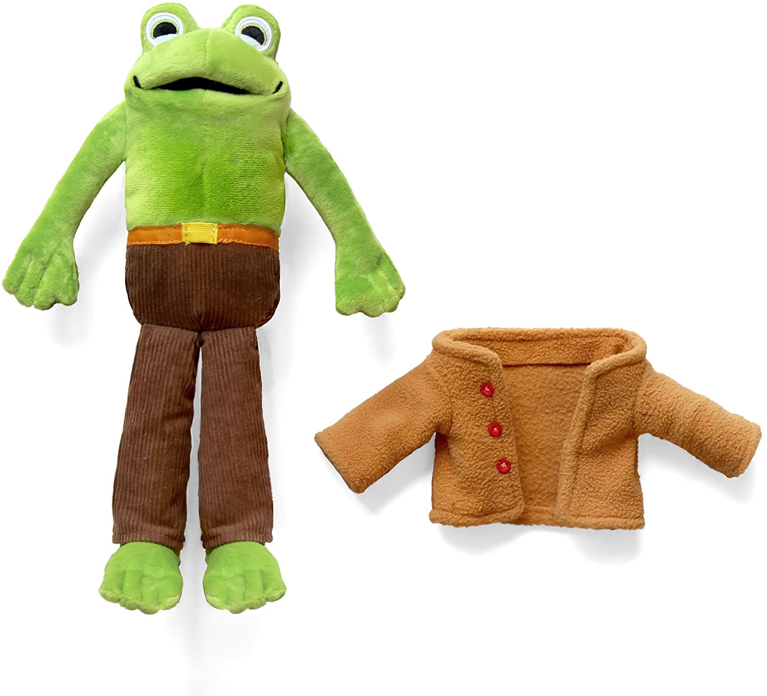 plush frog doll with its jacket next to him on a white background.