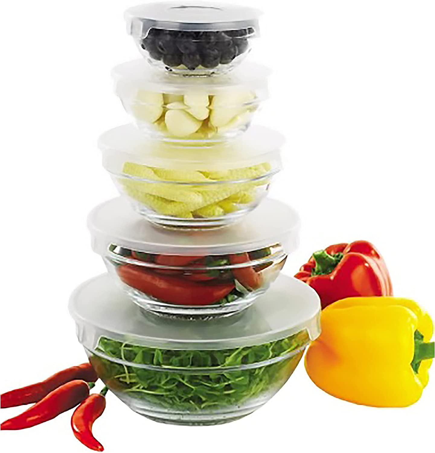5 bowls with lids filled with food and stacked on each other.