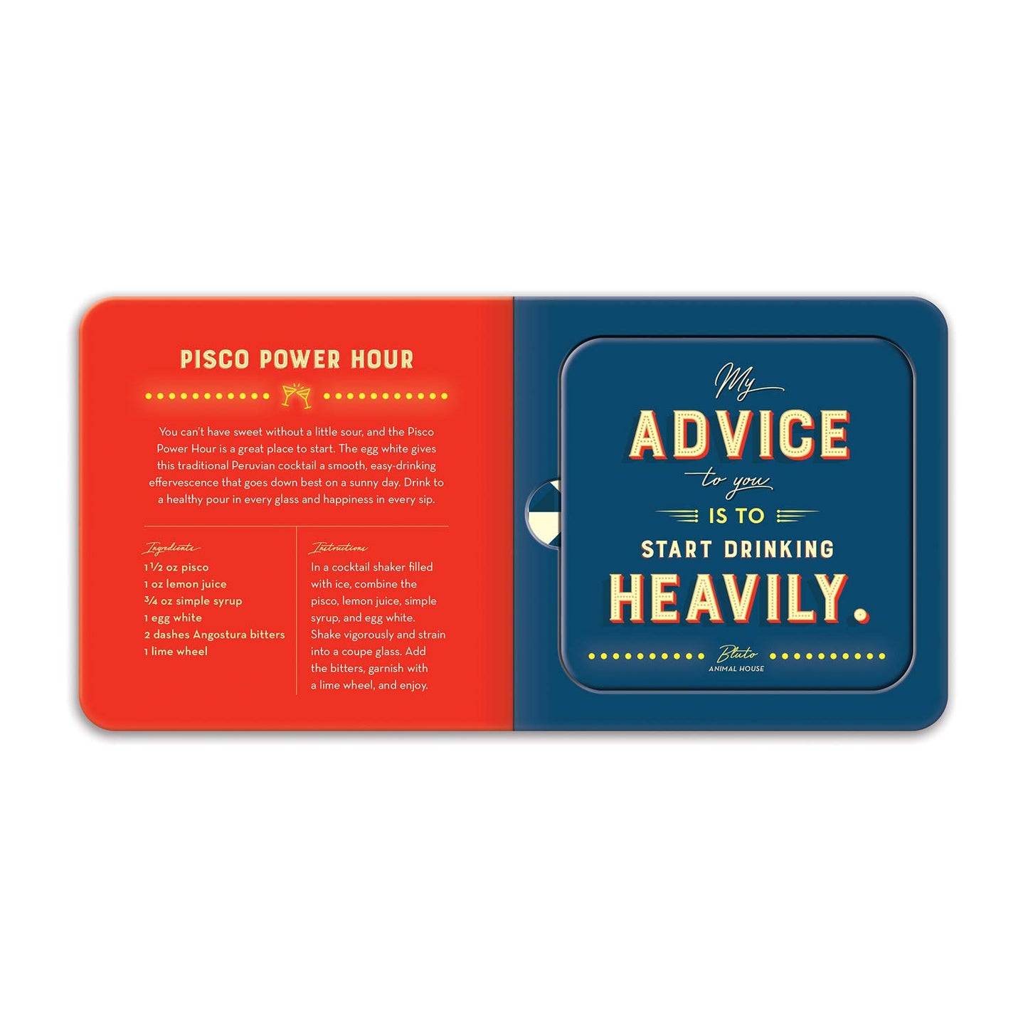 inside view of red and blue pages with a coaster on one side with text "my advice to you..."